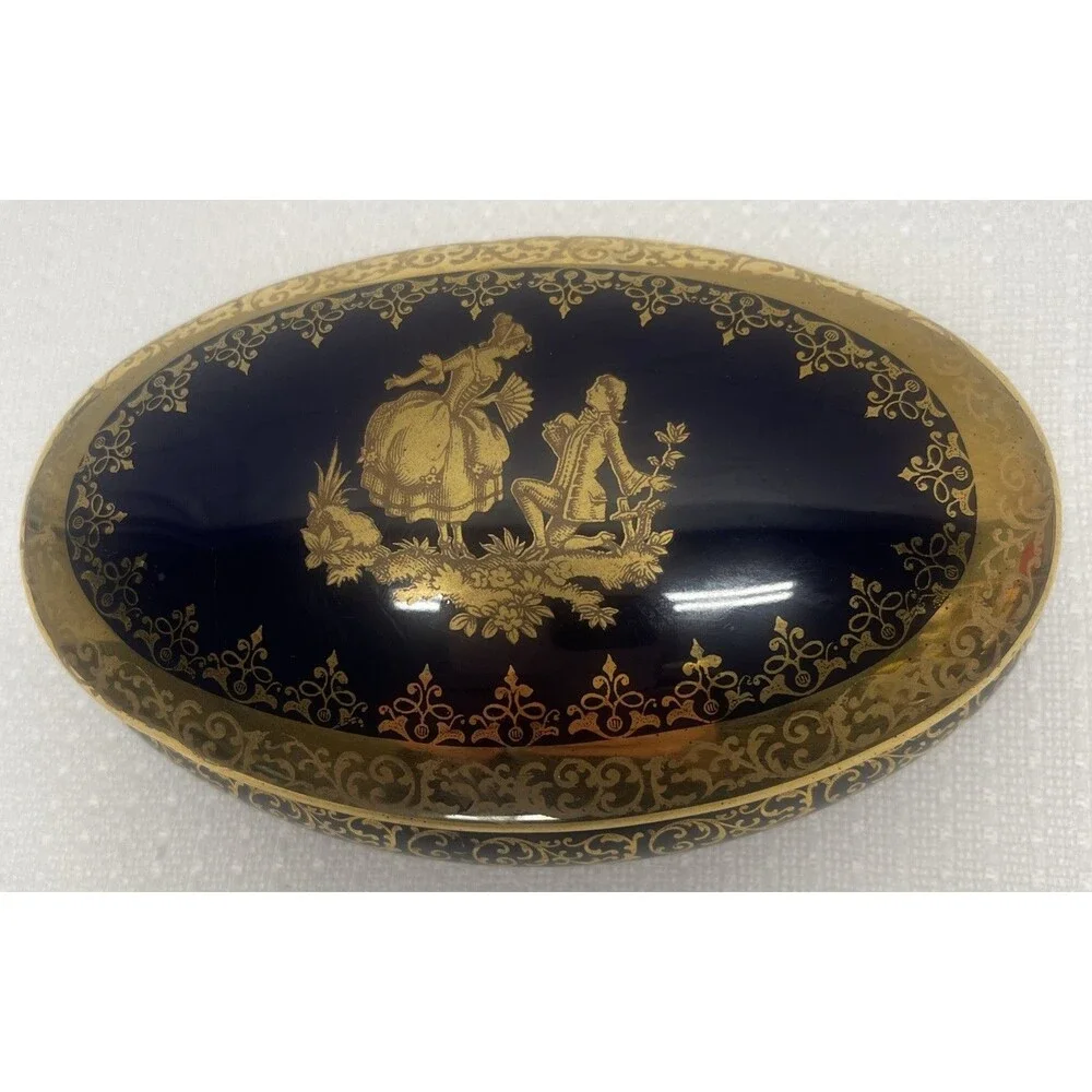 VTG 1960’s MCM Florance Limoges 22K Gold Gilt Porcelain France Trinket Pill Oval